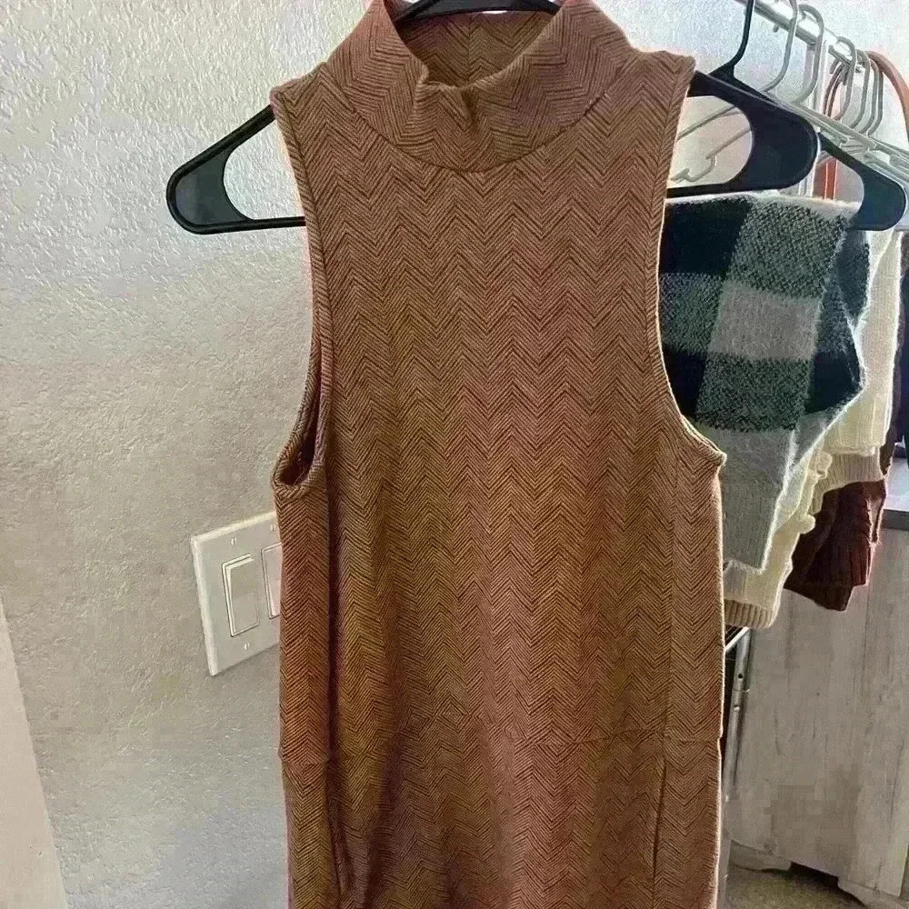 Free People Sweater Dress Women XS Brown Mock Neck Sleeveless Twiggy Chevron - Picture 7 of 7